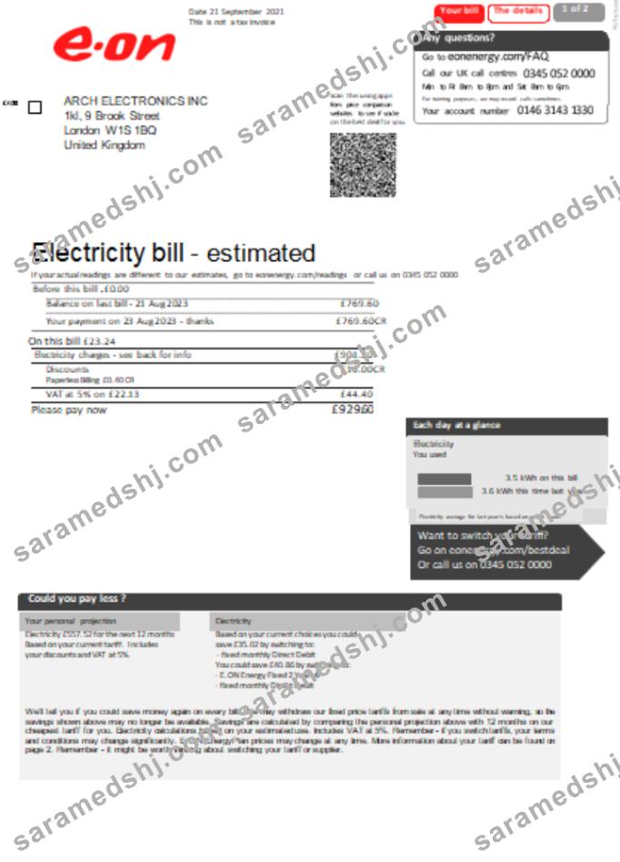 E.ON UK electricity utility business bill, page 1 SCR